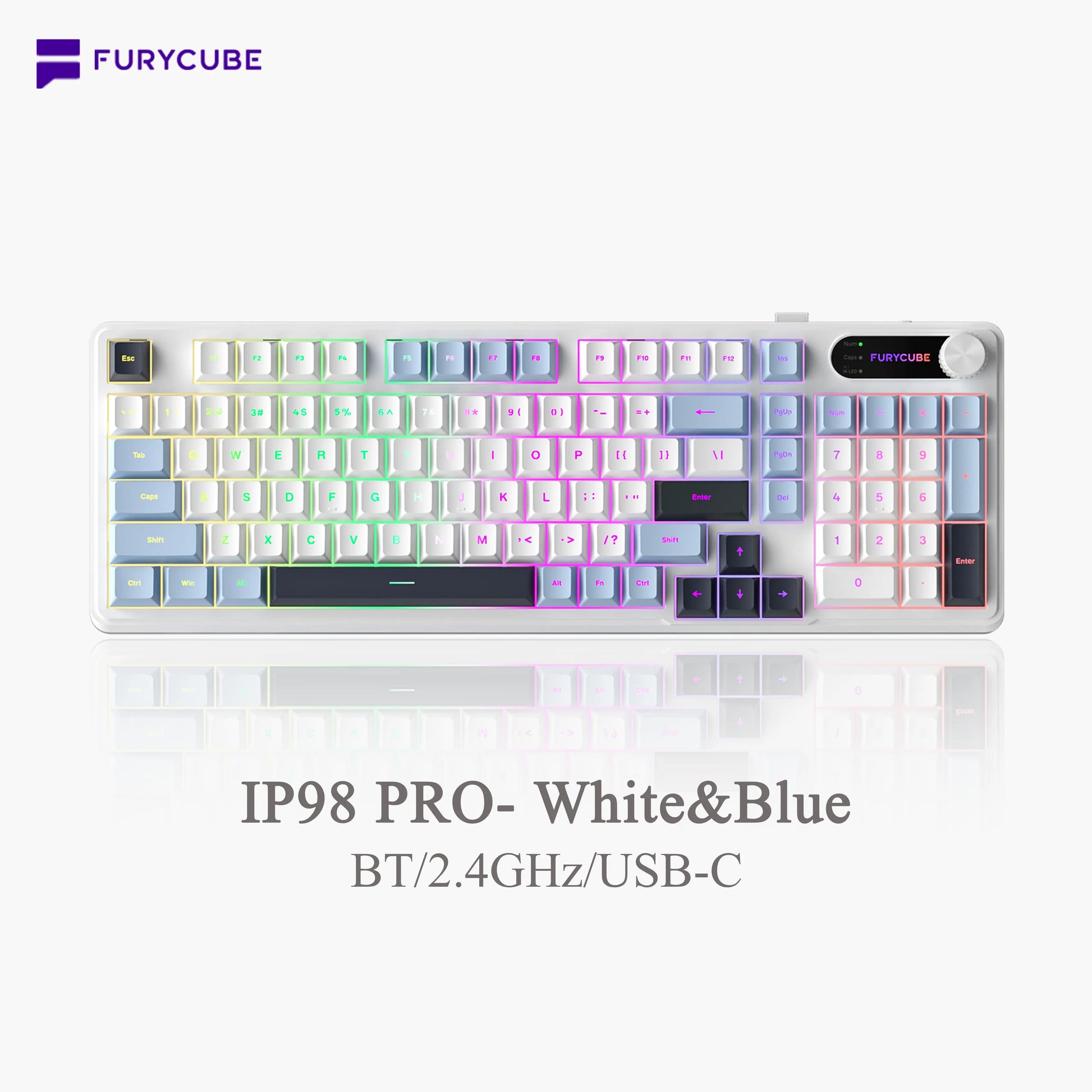 【NEW】FURYCUBE IP98 Foudation Office Keyboard, 98 Keys with Knob Wired/Wireless Cute Classic Keyboard with Number Pad, Custom Mechanical Feel Keyboard, RGB Backlit Work/Office/Gaming Silent Keyboard, Quiet Typing, Mothersdaygift