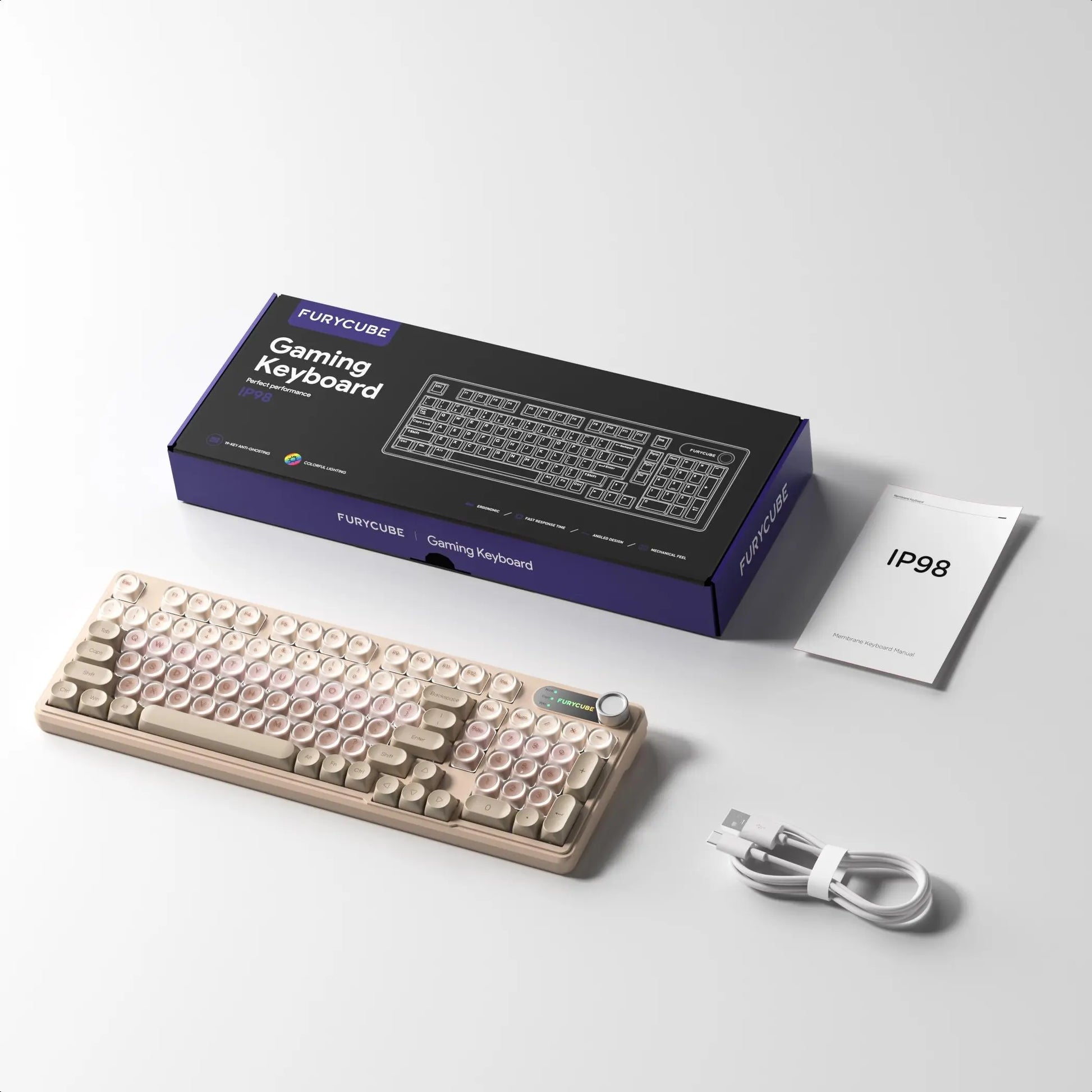 【NEW】FURYCUBE IP98 Foudation Office Keyboard, 98 Keys with Knob Wired/Wireless Cute Classic Keyboard with Number Pad, Custom Mechanical Feel Keyboard, RGB Backlit Work/Office/Gaming Silent Keyboard, Quiet Typing, Mothersdaygift