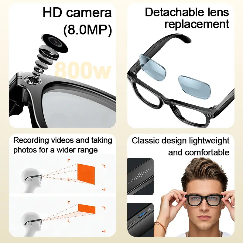 AI Smart Glasses - Wearable Tech Gadgets with 8MP HD Camera, Hands-Free Capture, Bluetooth Audio & Calls, Real-Time Translation, Photochromic Lenses for Travel & Daily Use