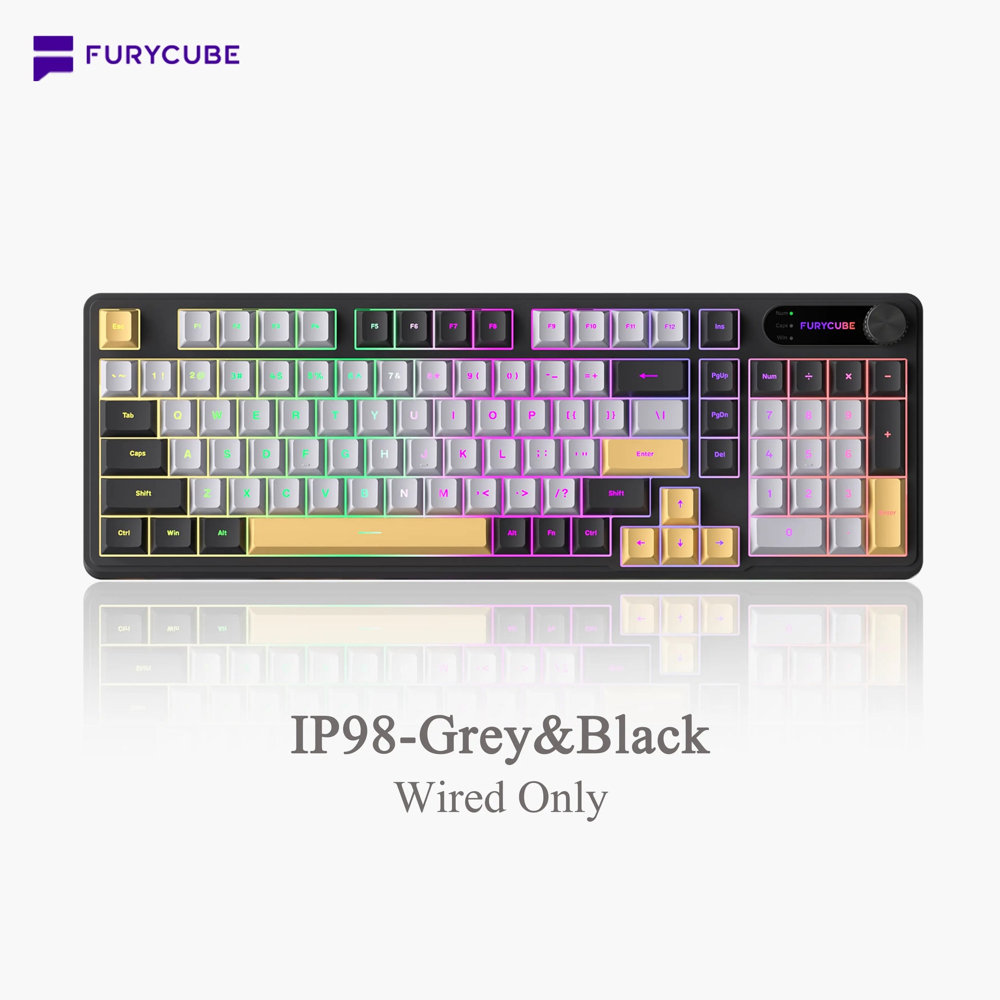 【NEW】FURYCUBE IP98 Foudation Office Keyboard, 98 Keys with Knob Wired/Wireless Cute Classic Keyboard with Number Pad, Custom Mechanical Feel Keyboard, RGB Backlit Work/Office/Gaming Silent Keyboard, Quiet Typing, Mothersdaygift