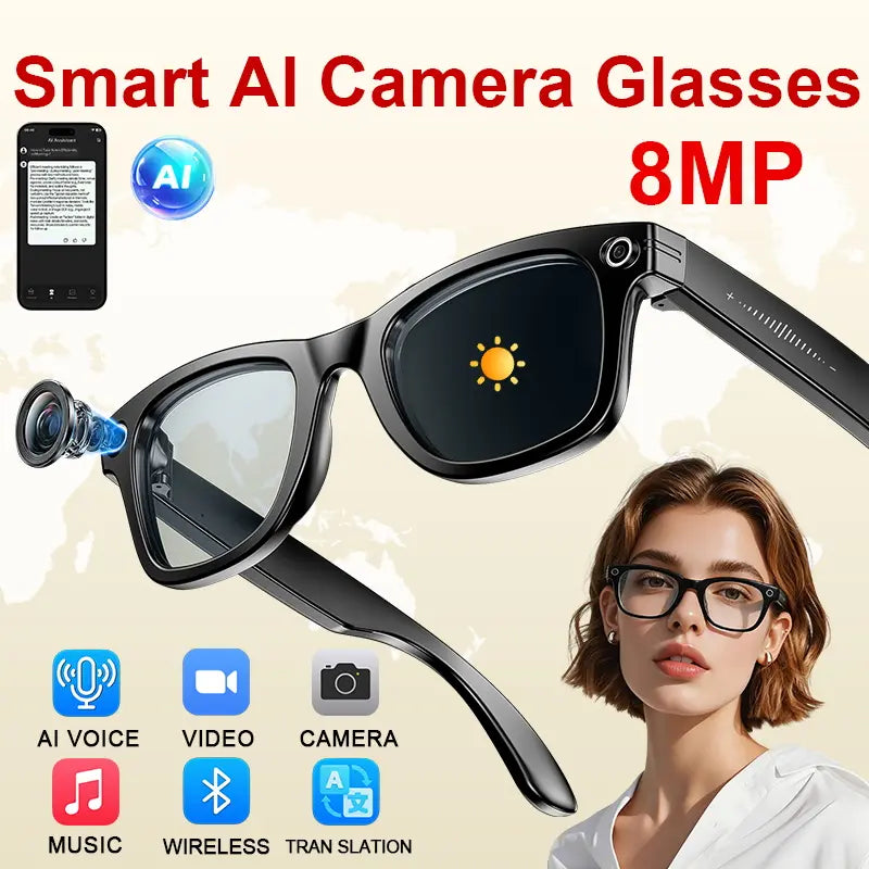 AI Smart Glasses - Wearable Tech Gadgets with 8MP HD Camera, Hands-Free Capture, Bluetooth Audio & Calls, Real-Time Translation, Photochromic Lenses for Travel & Daily Use