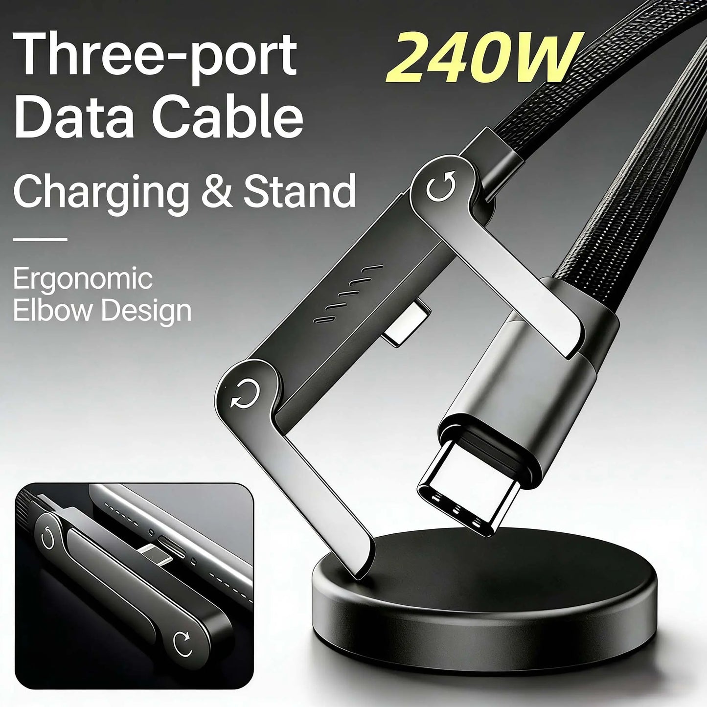 Invisible Holder Charger Cable with Stand, 240W Super Fast Charging 2-In-1 Fast Charging Cord & Phone Stand for Gaming, Office, Car Travel, Compatible with Type-C Charging Cable Black