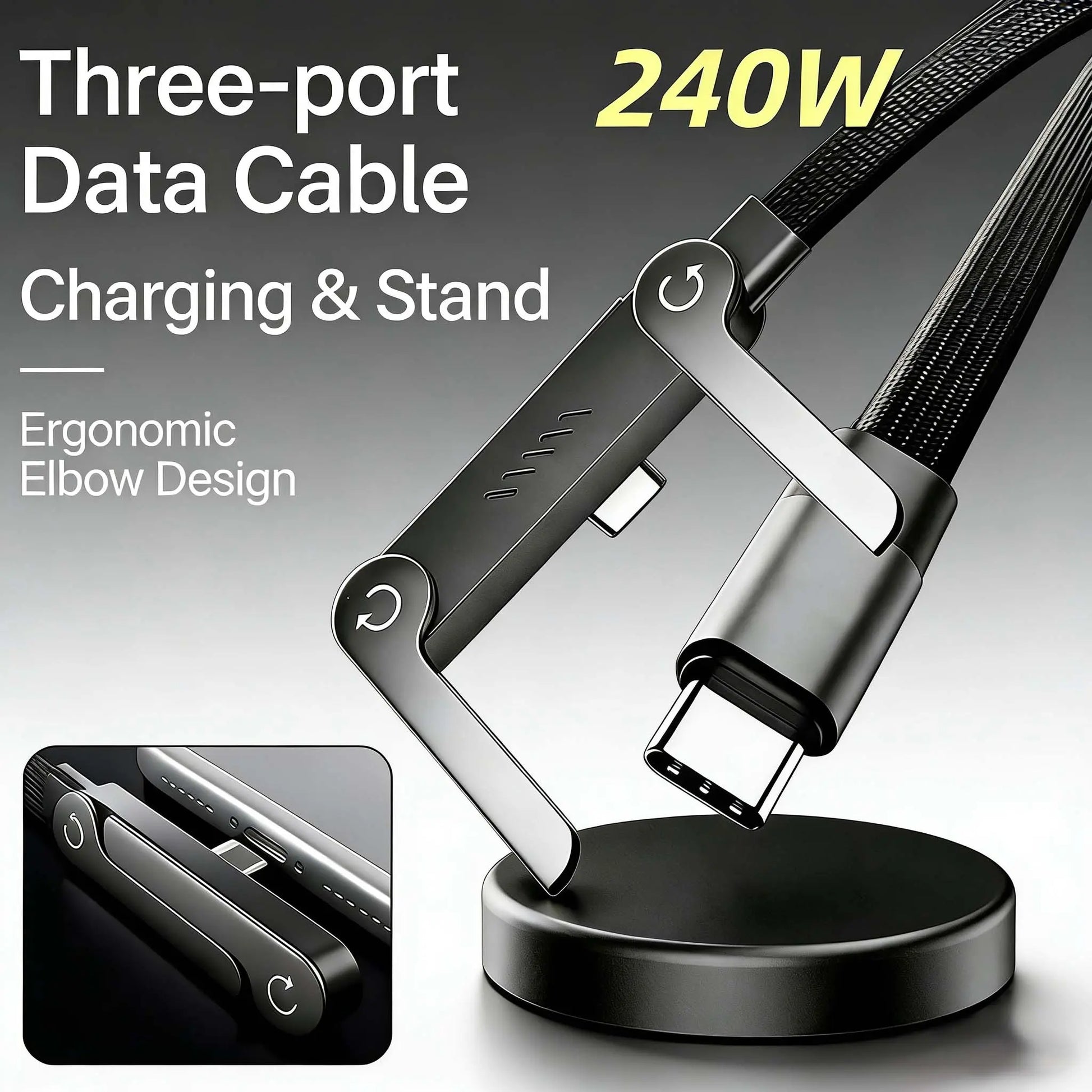 Invisible Holder Charger Cable with Stand, 240W Super Fast Charging 2-In-1 Fast Charging Cord & Phone Stand for Gaming, Office, Car Travel, Compatible with Type-C Charging Cable Black