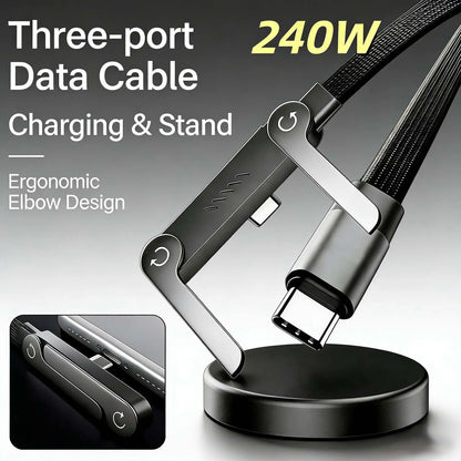 Invisible Holder Charger Cable with Stand, 240W Super Fast Charging 2-In-1 Fast Charging Cord & Phone Stand for Gaming, Office, Car Travel, Compatible with Type-C Charging Cable Black