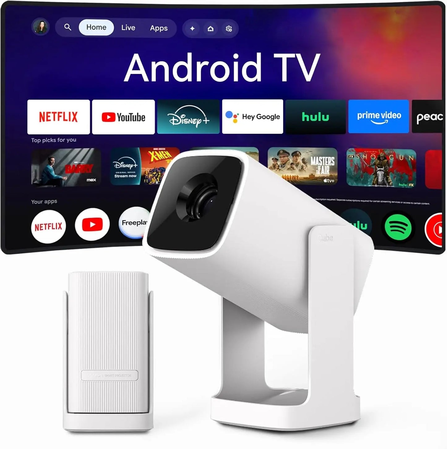 [US Warehouse] REAL Android TV OS, Smart Projector, 4K, 2600 Lumens, Home Theater with Dolby Sound, 2.4G/5G Wi-Fi & Bluetooth, Compatible with Games Consoles & Smartphone, Indoor & Outdoor Use, 1080P Supported, Wanbo Cube 1, 200 ISO Lumens Tiktokshopsprin