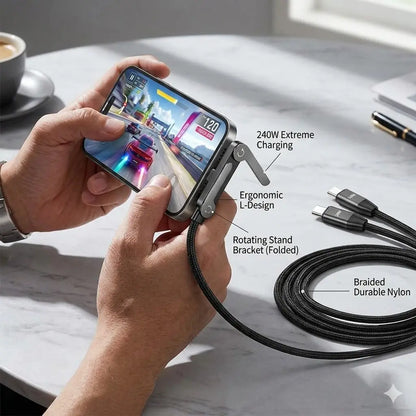Invisible Holder Charger Cable with Stand, 240W Super Fast Charging 2-In-1 Fast Charging Cord & Phone Stand for Gaming, Office, Car Travel, Compatible with Type-C Charging Cable Black
